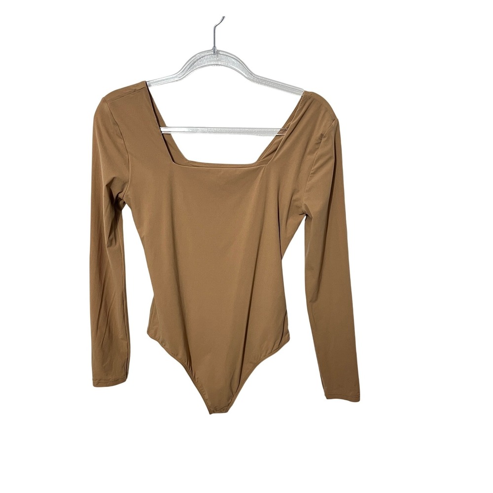 Quince Bodysuit Womens Large Tan Square Neck Long Sleeve CMSL001 Minimalist